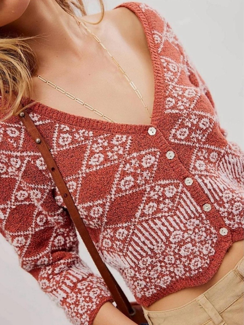 Free People Rust Patterned V-Neck Knit Cardigan Size Small - Picture 3 of 6